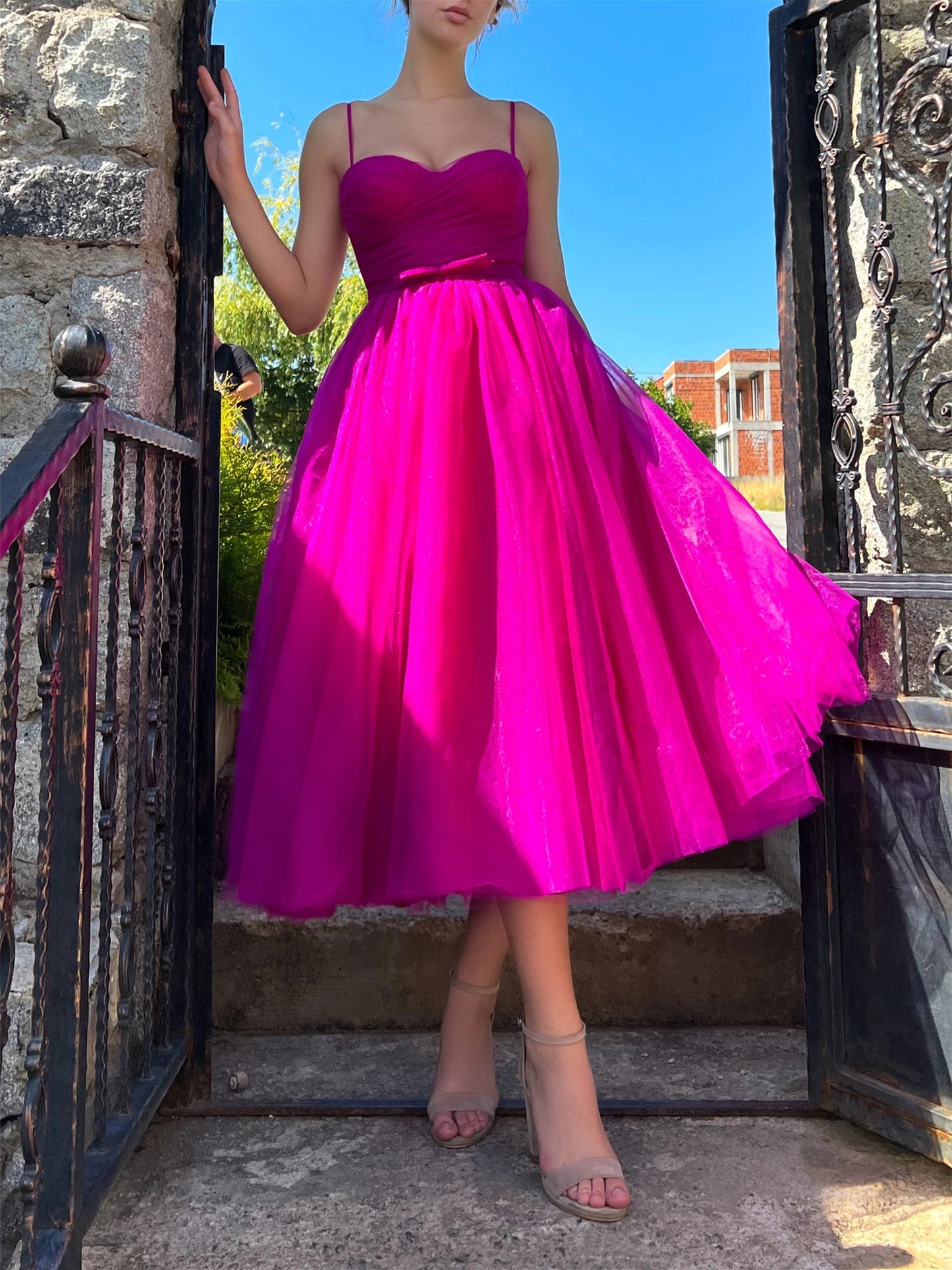 A-Line/Princess Spaghetti Straps Tea-Length Prom Dresses Pure Color