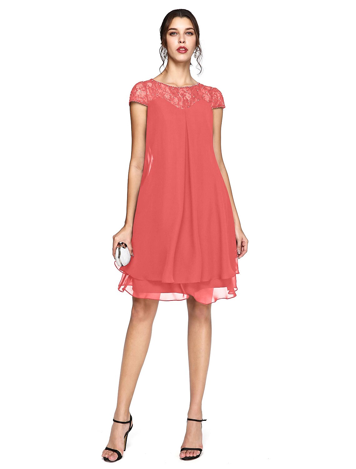 Aimishang A-Line Mother of the Bride Dress Plus Size Elegant Illusion Neck Knee Length Chiffon Lace Short Sleeve with Sequin