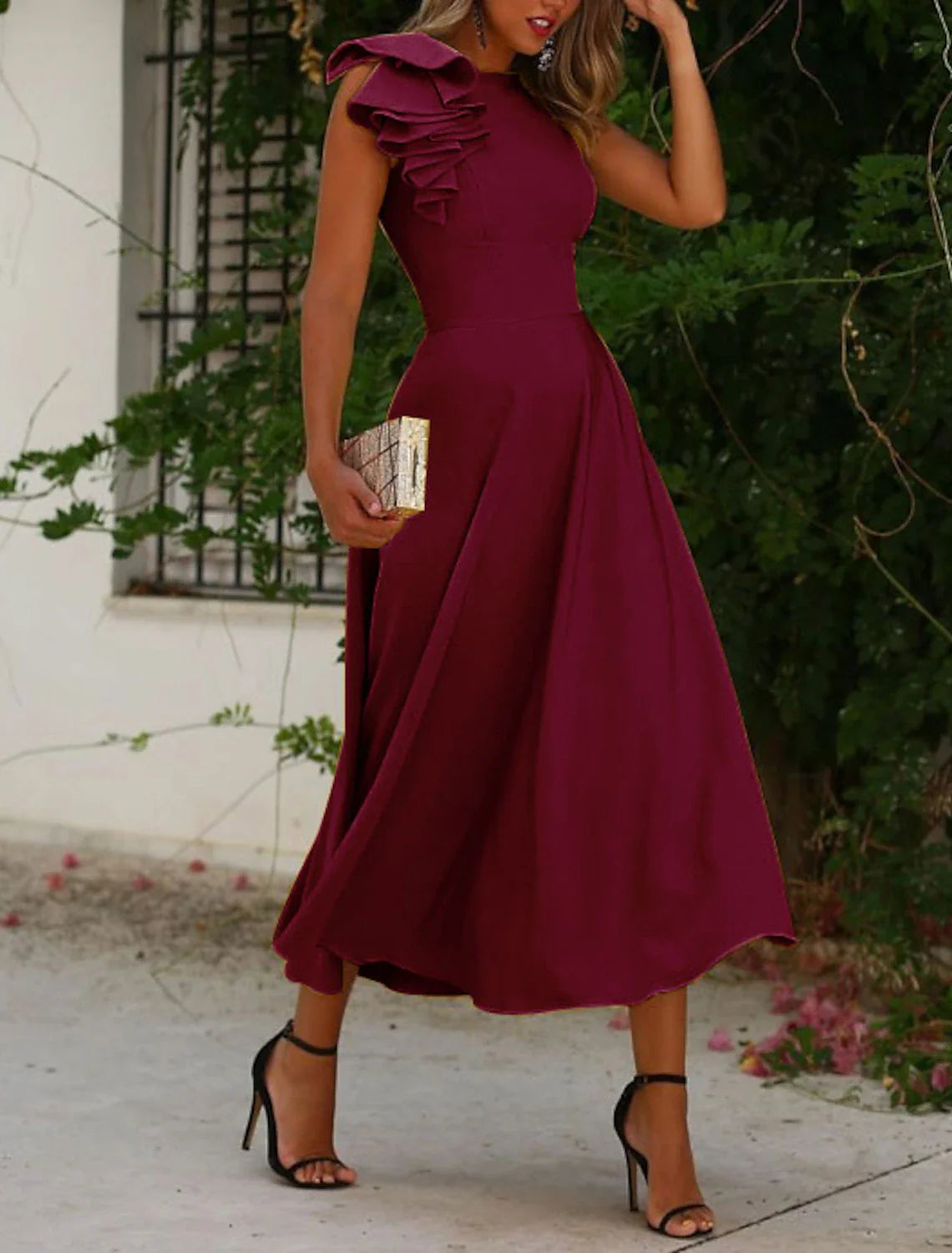 A-Line Cocktail Dresses Minimalist Dress Homecoming Wedding Guest Ankle Length Sleeveless Jewel Neck Fall Wedding Guest Fabric with Ruffles Pure Color