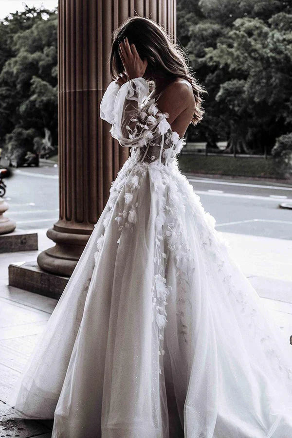 Ivory Wedding Dress Long Sleeve Corset A Line Off The Shoulder Tulle Bridal Dress With Appliques Beautiful
