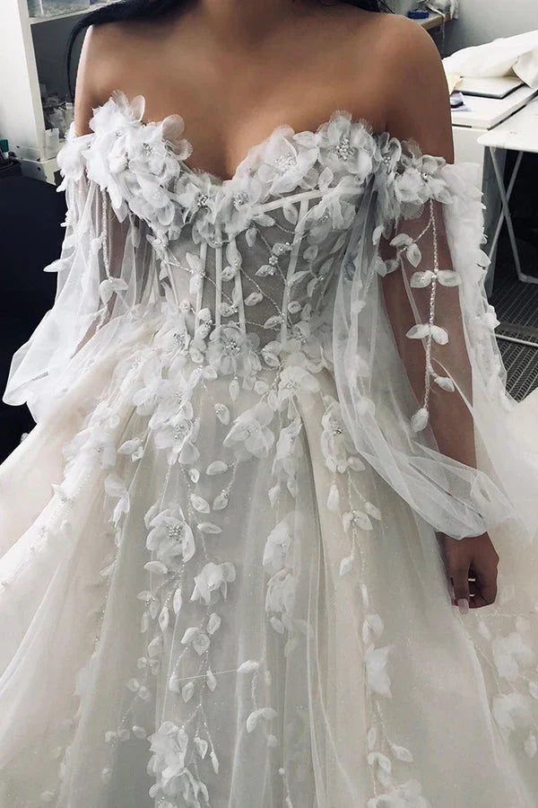 Ivory Wedding Dress Long Sleeve Corset A Line Off The Shoulder Tulle Bridal Dress With Appliques Beautiful