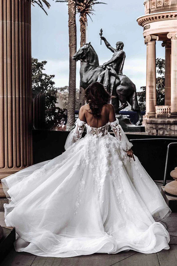 Ivory Wedding Dress Long Sleeve Corset A Line Off The Shoulder Tulle Bridal Dress With Appliques Beautiful