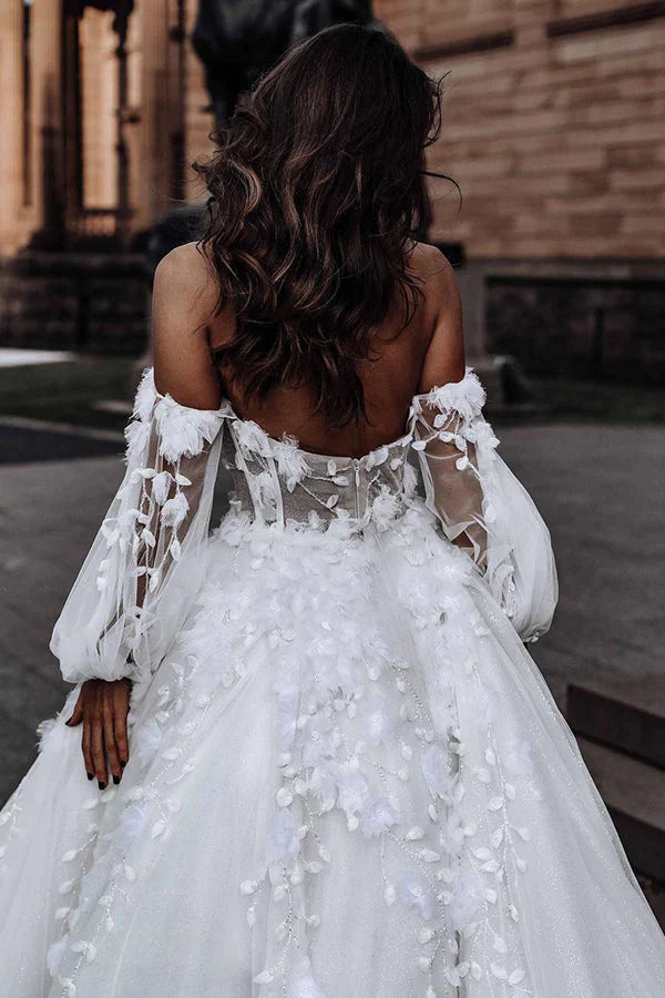 Ivory Wedding Dress Long Sleeve Corset A Line Off The Shoulder Tulle Bridal Dress With Appliques Beautiful