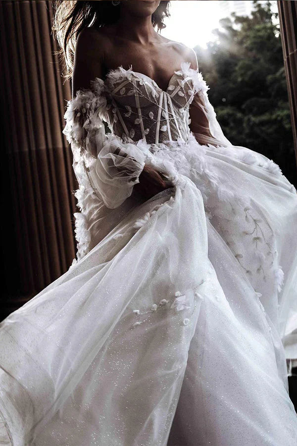 Ivory Wedding Dress Long Sleeve Corset A Line Off The Shoulder Tulle Bridal Dress With Appliques Beautiful