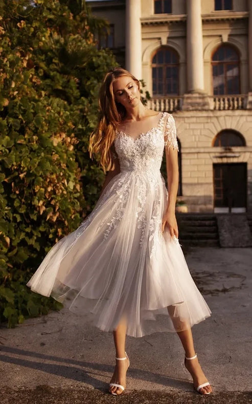 Tea Length Sleeves Ethereal Modern A-Line V-Neck Button Back Wedding Dress Elegant
