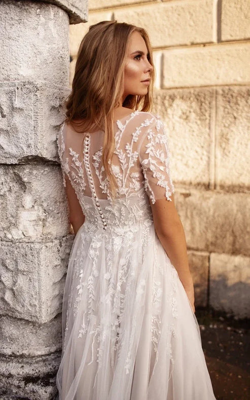 Tea Length Sleeves Ethereal Modern A-Line V-Neck Button Back Wedding Dress Elegant