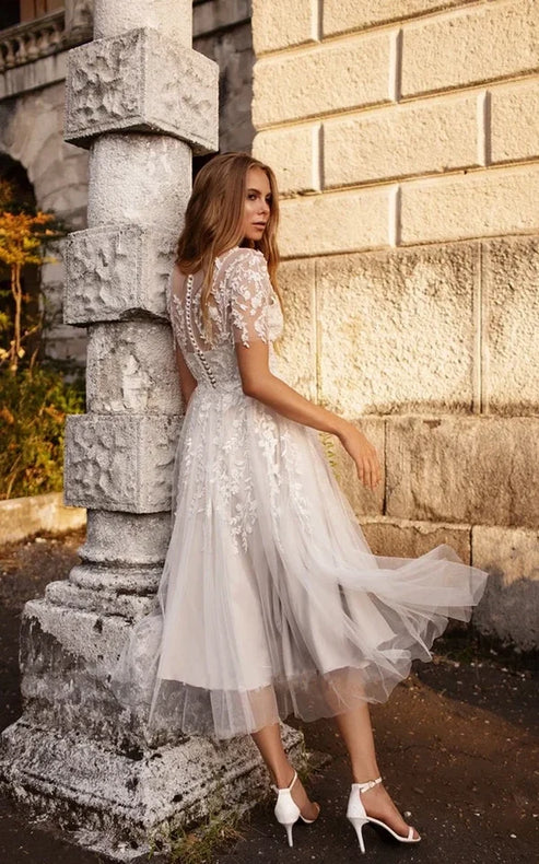 Tea Length Sleeves Ethereal Modern A-Line V-Neck Button Back Wedding Dress Elegant