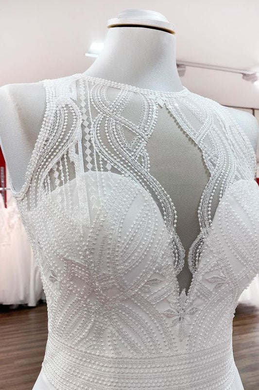 Modest Long A-line Chffon Jewel Open Back Wedding Dress with Ruffles Appliques