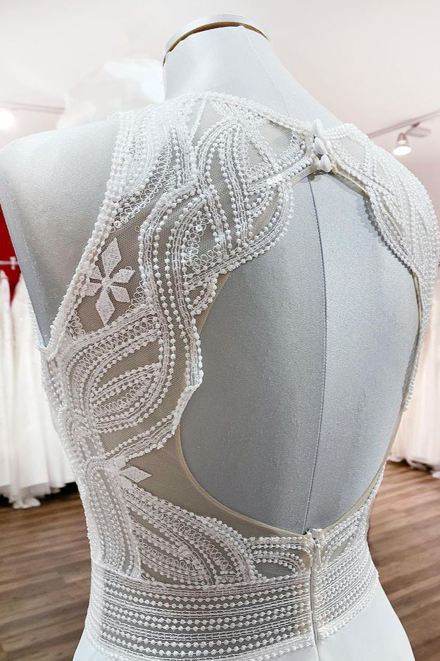 Modest Long A-line Chffon Jewel Open Back Wedding Dress with Ruffles Appliques