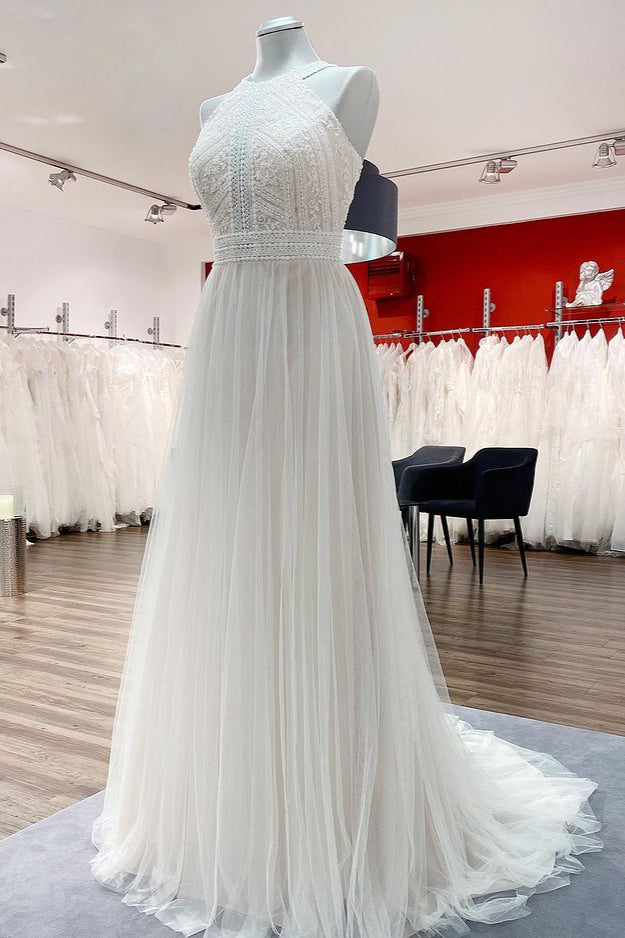 Modest Long A-line Halter Backless Wedding Dress With Tulle Lace