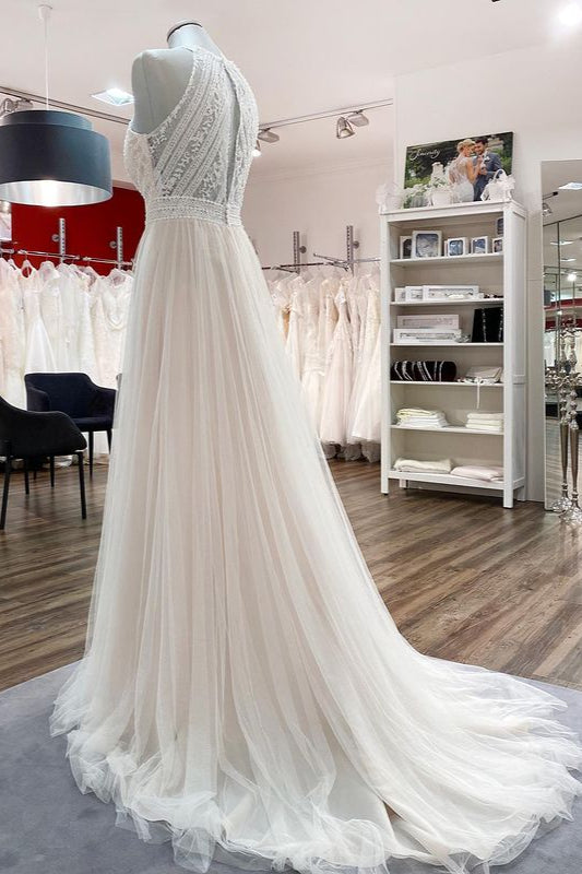 Modest Long A-line Halter Backless Wedding Dress With Tulle Lace