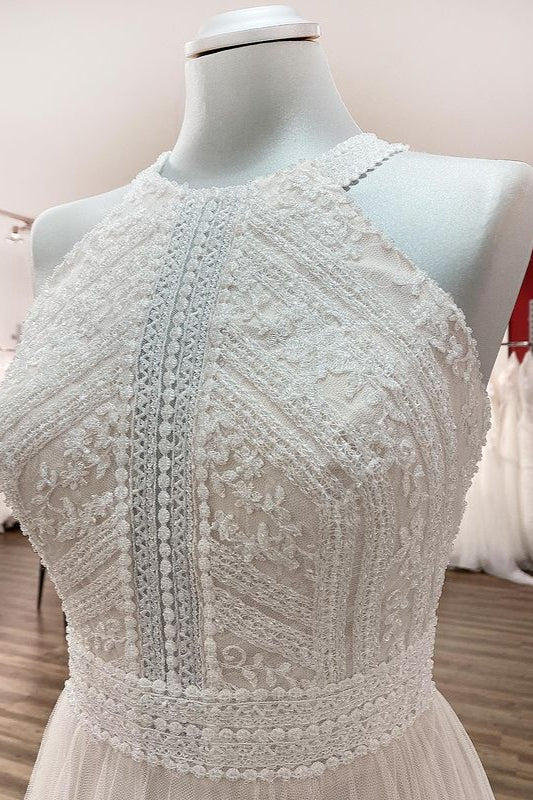 Modest Long A-line Halter Backless Wedding Dress With Tulle Lace