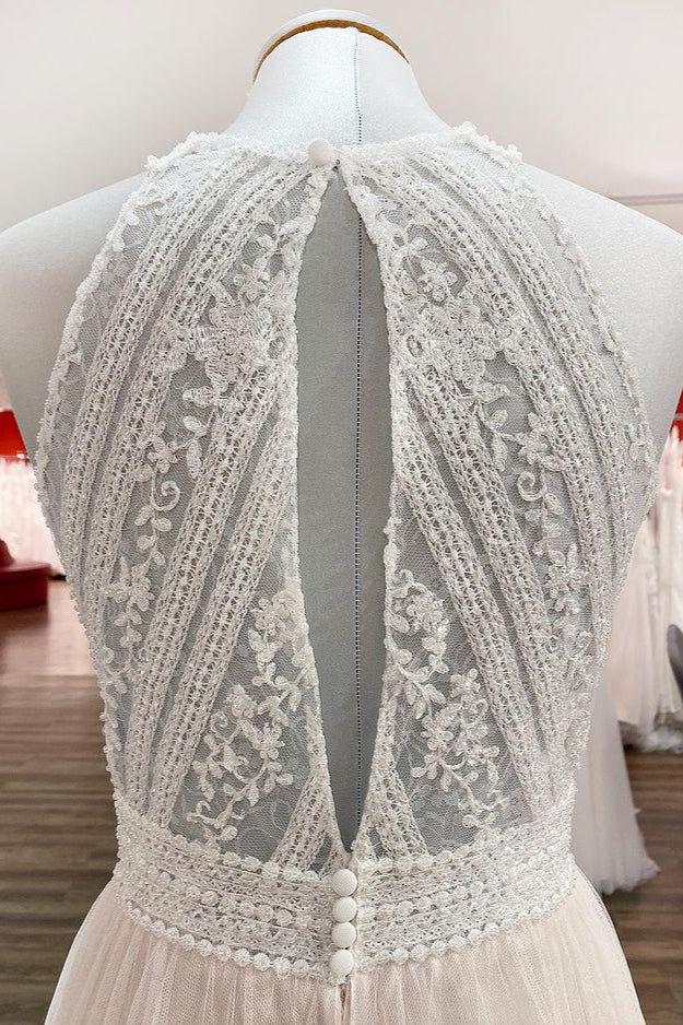 Modest Long A-line Halter Backless Wedding Dress With Tulle Lace