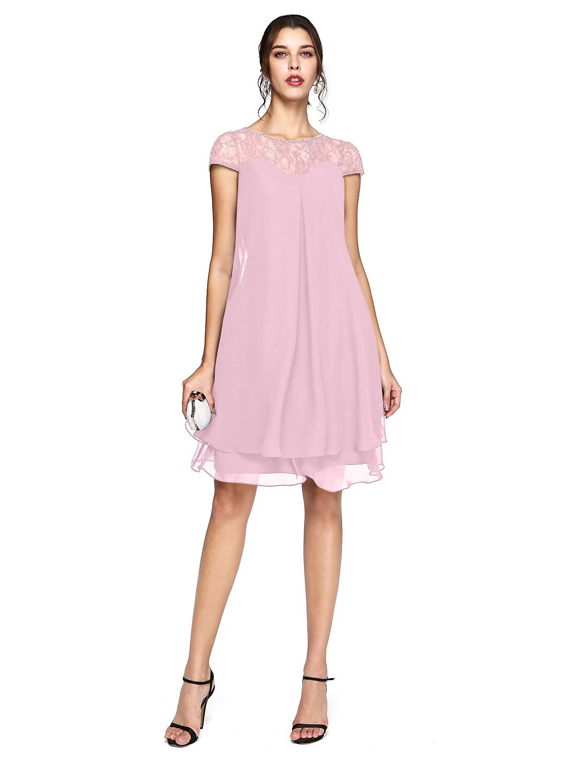 Aimishang A-Line Mother of the Bride Dress Plus Size Elegant Illusion Neck Knee Length Chiffon Lace Short Sleeve with Sequin