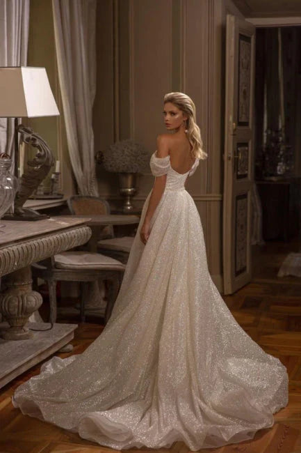 Elegant Wedding Dress Off The Shoulder A Line Sparkly Bridal Dress Floor Length