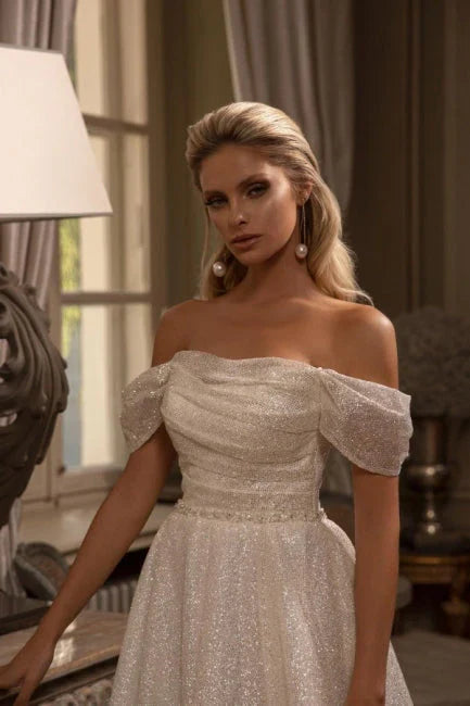 Elegant Wedding Dress Off The Shoulder A Line Sparkly Bridal Dress Floor Length