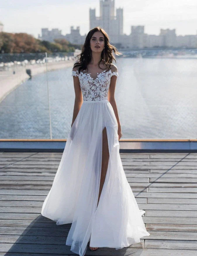 Off The Shoulder Appliques A Line Wedding Dress Side Split Tulle Bridal Dress Elegant
