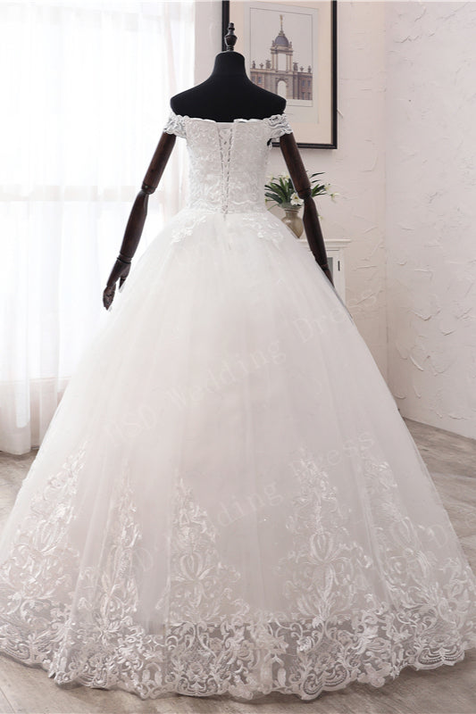 Off-the-shoulder Ball Gown Wedding Dress with Tulle and Lace Appliques