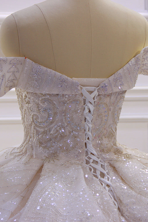 Off-the-Shoulder Wedding Dress with Ruffles, Sequins & Beading