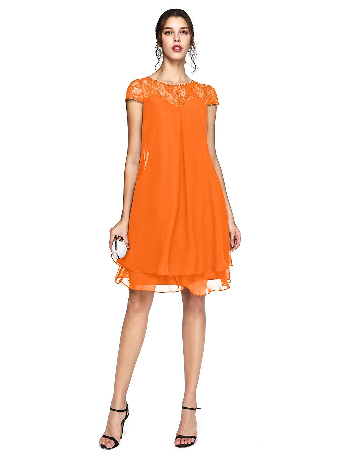Aimishang A-Line Mother of the Bride Dress Plus Size Elegant Illusion Neck Knee Length Chiffon Lace Short Sleeve with Sequin