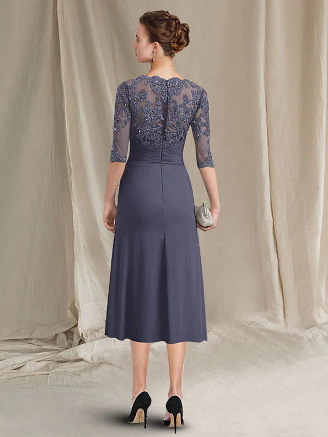 Two Piece A-Line Mother of the Bride Dress Plus Size Elegant Jewel Neck Tea Length Chiffon Lace Half Sleeve Jacket Dresses with Crystals Appliques
