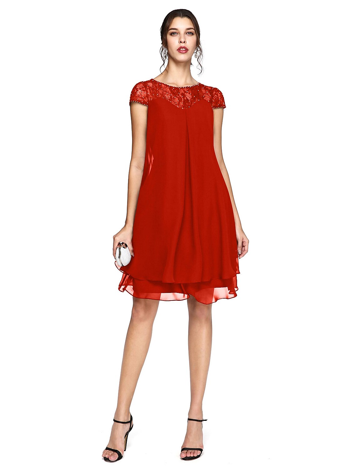 Aimishang A-Line Mother of the Bride Dress Plus Size Elegant Illusion Neck Knee Length Chiffon Lace Short Sleeve with Sequin