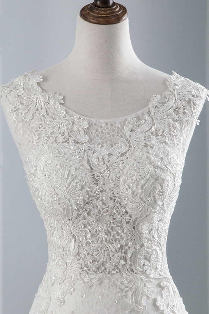Pretty Jewel Sleeveless Long Mermaid Wedding Dress with Lace Appliques