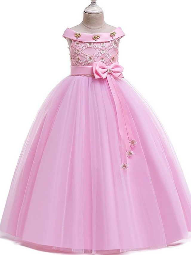 Princess Bateau Floor Length Cotton Flower Girl Dress with Bow Pearls Appliques