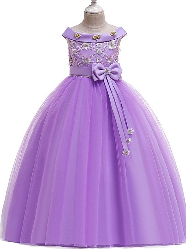 Princess Bateau Floor Length Cotton Flower Girl Dress with Bow Pearls Appliques