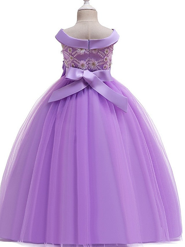 Princess Bateau Floor Length Cotton Flower Girl Dress with Bow Pearls Appliques