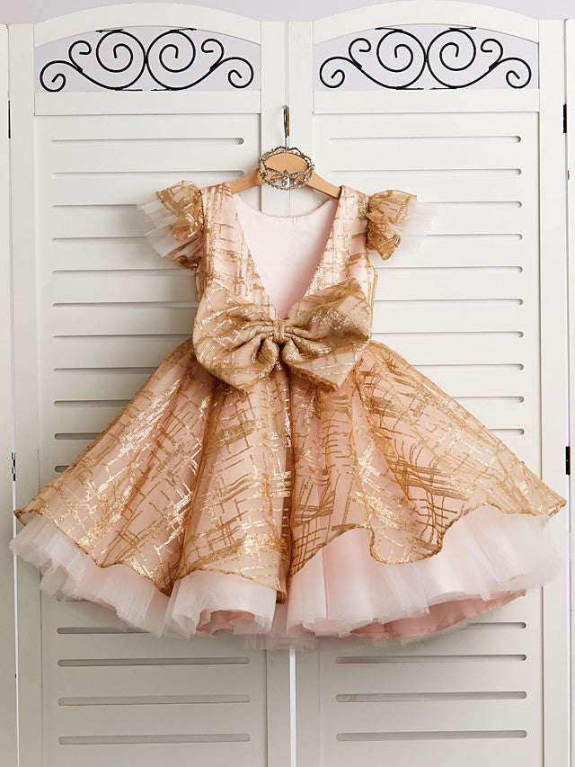 Princess Cap Sleeve Jewel Knee Length Flower Girl Dress in Tulle with Bow
