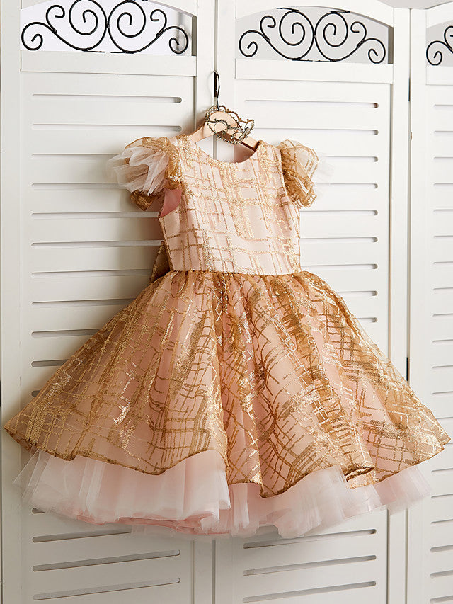 Princess Cap Sleeve Jewel Knee Length Flower Girl Dress in Tulle with Bow