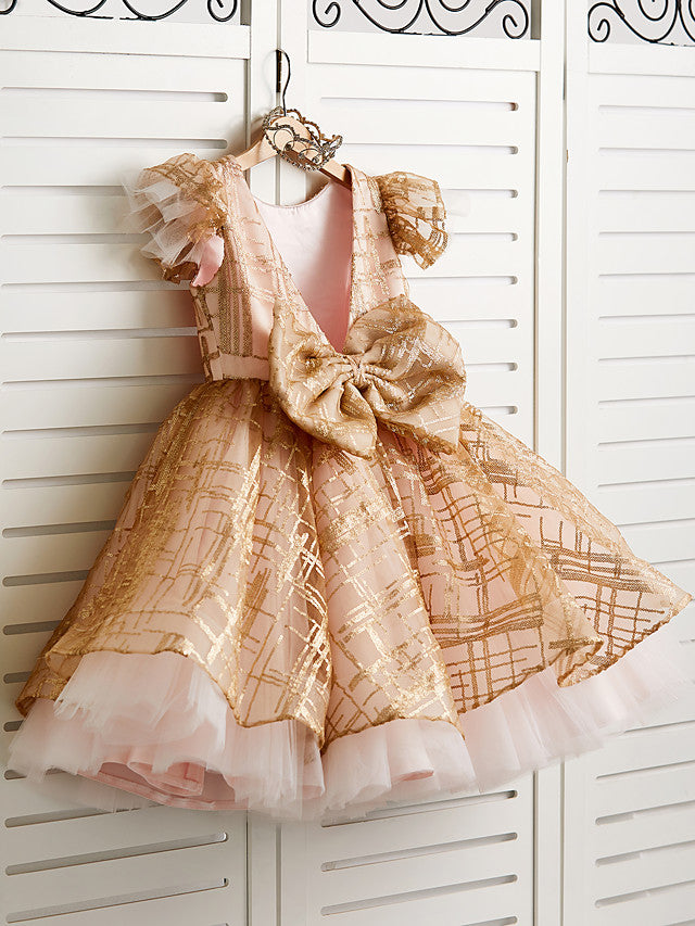 Princess Cap Sleeve Jewel Knee Length Flower Girl Dress in Tulle with Bow