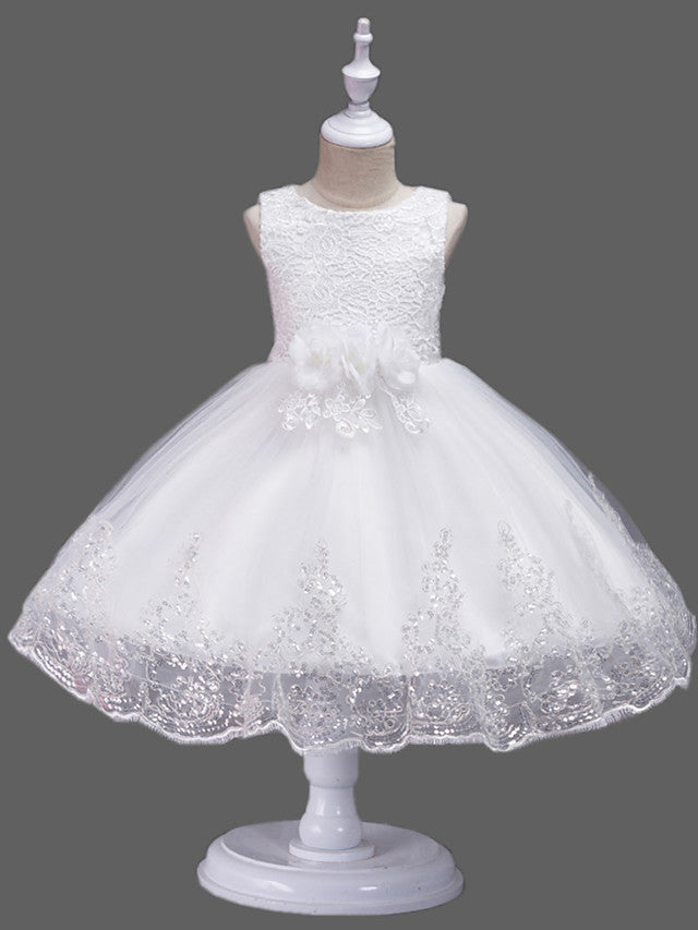 Princess Midi Lace/Tulle Jewel Neck Dress for Wedding/Birthday with Petal/Lace/Embroidery