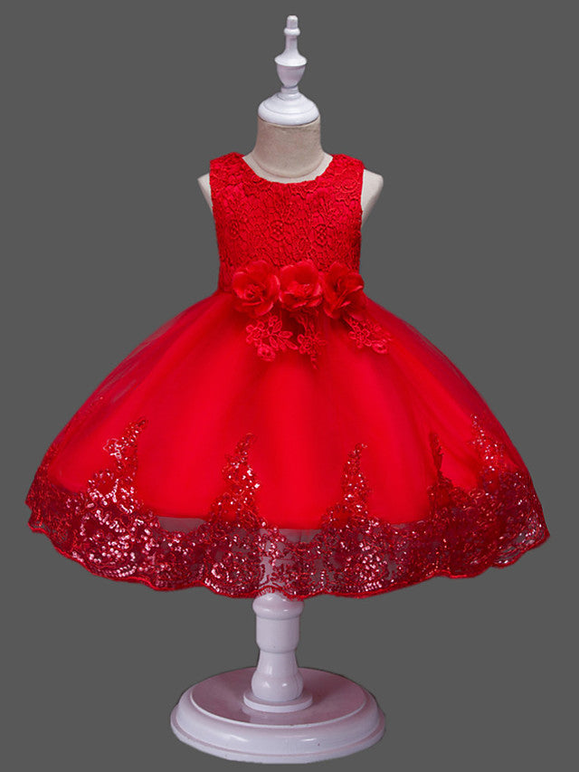 Princess Midi Lace/Tulle Jewel Neck Dress for Wedding/Birthday with Petal/Lace/Embroidery