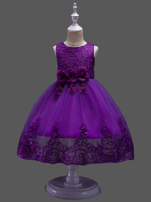 Princess Midi Lace/Tulle Jewel Neck Dress for Wedding/Birthday with Petal/Lace/Embroidery