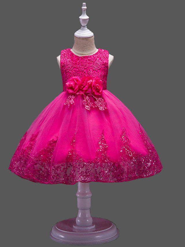 Princess Midi Lace/Tulle Jewel Neck Dress for Wedding/Birthday with Petal/Lace/Embroidery
