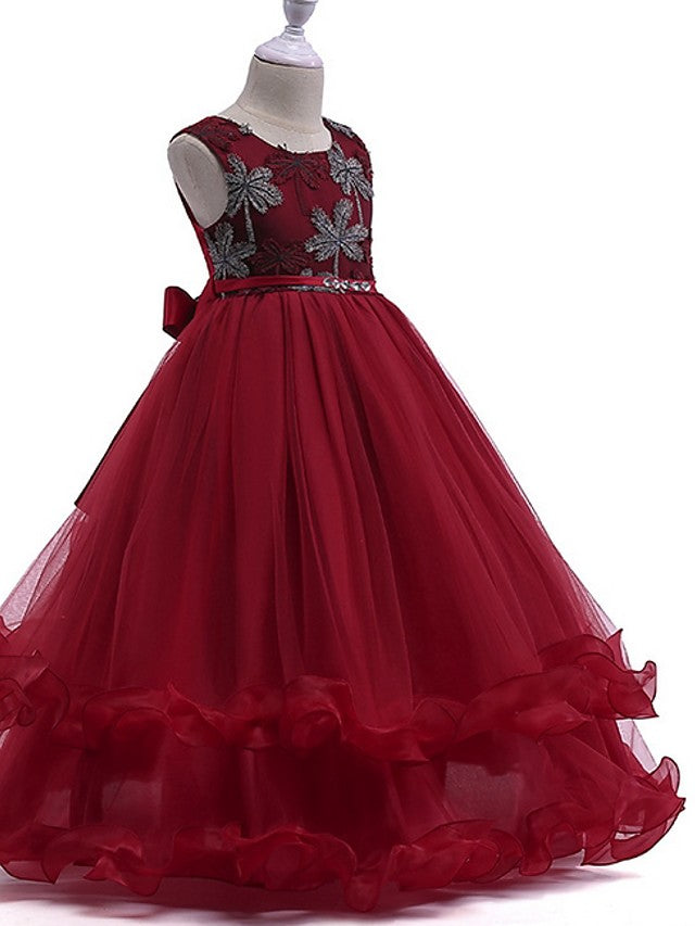 Princess Round Neck Floor Length Flower Girl Dress with Bow Crystals Appliques