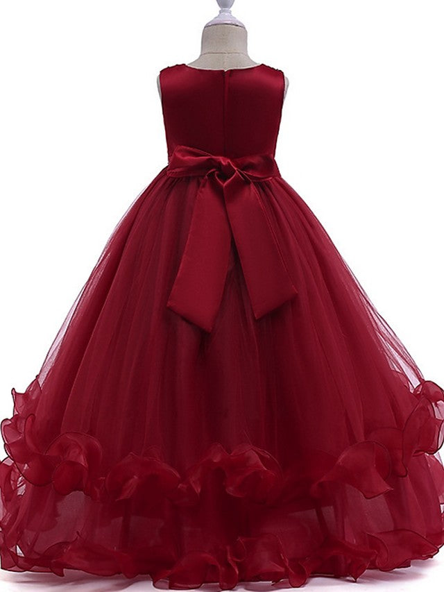 Princess Round Neck Floor Length Flower Girl Dress with Bow Crystals Appliques