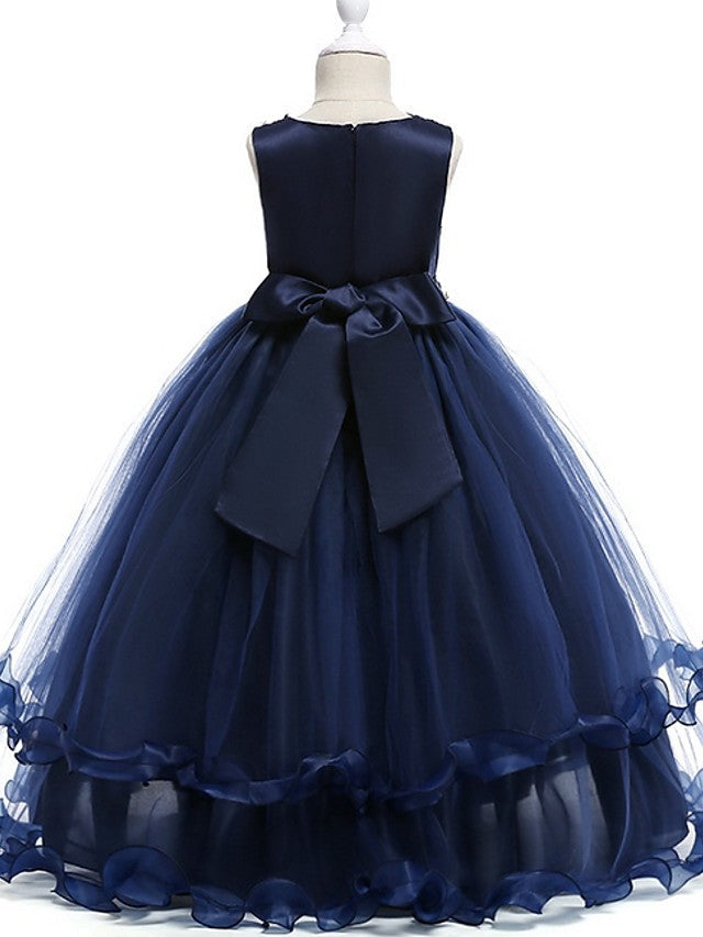 Princess Round Neck Floor Length Flower Girl Dress with Bow Crystals Appliques
