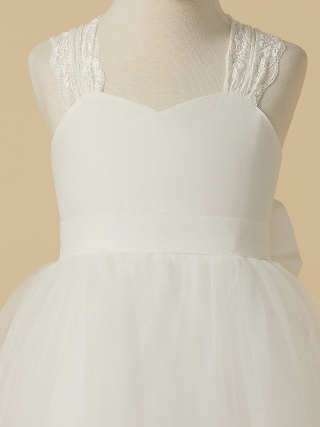 Princess Sleeveless Halter Neck Floor Length Flower Girl Dress with Lace Satin Tulle and Bow