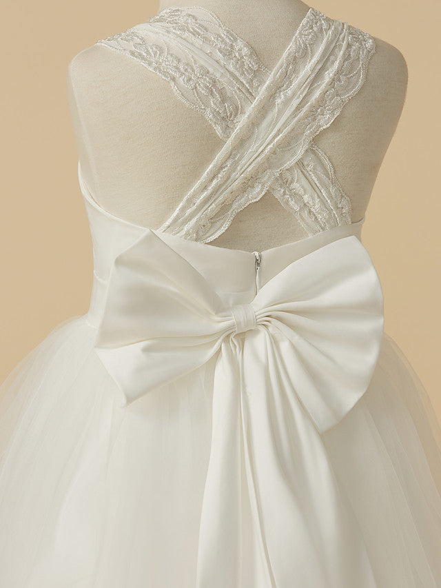 Princess Sleeveless Halter Neck Floor Length Flower Girl Dress with Lace Satin Tulle and Bow
