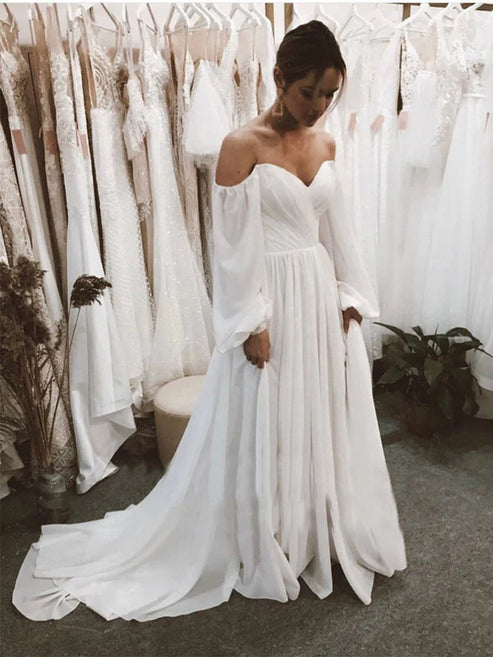 Off the Shoulder Chiffon Beach Long-Sleeve Wedding Dresses Elegant