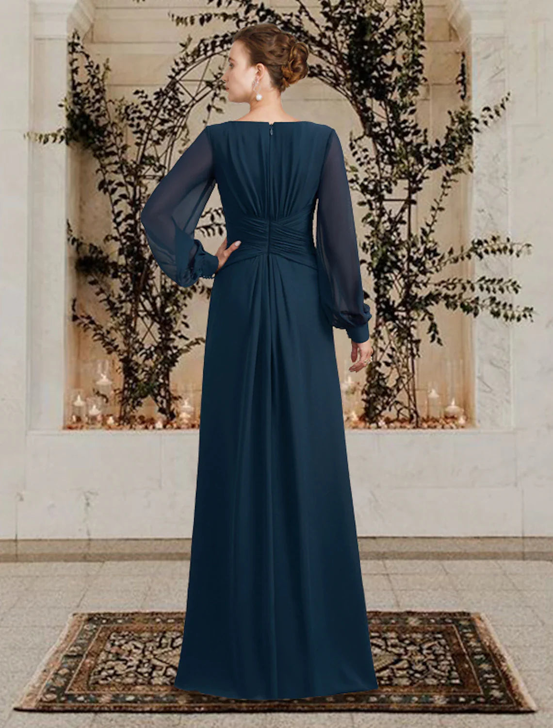 Aimishang A-Line Wedding Guest Elegant Mother of the Bride Dress V Neck Floor Length Chiffon Long Sleeve with Ruched Ruffles