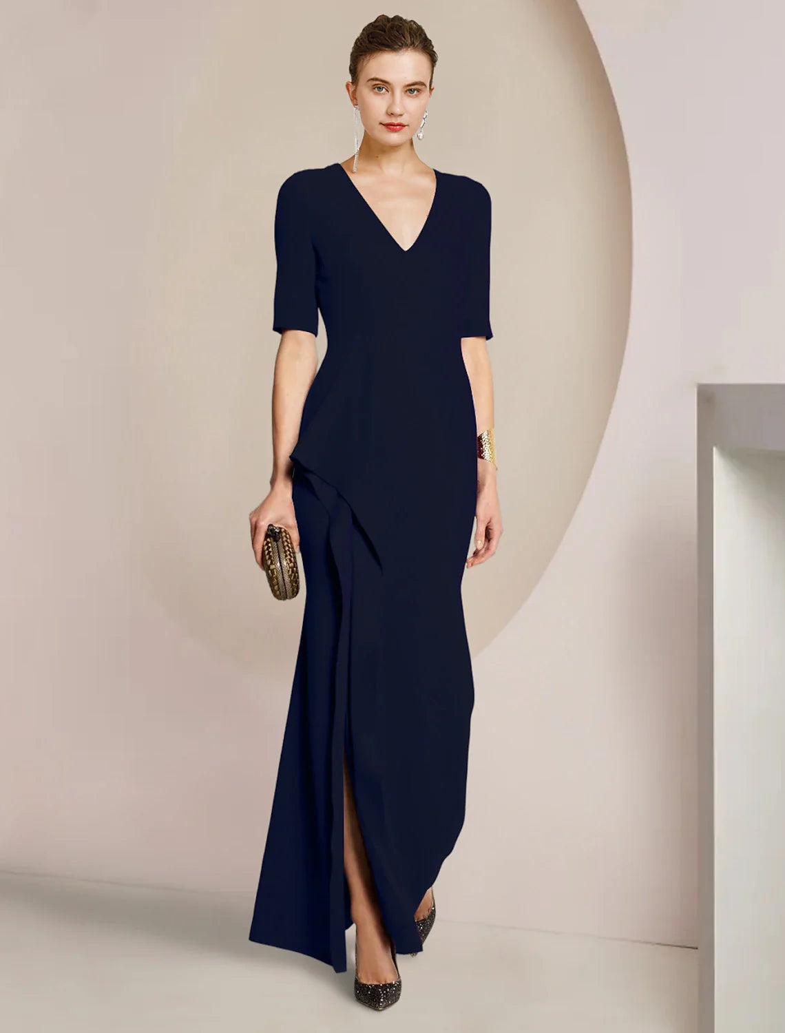 Aimishang Sheath / Column Mother of the Bride Dress Formal Wedding Guest Elegant V Neck Floor Length Satin Half Sleeve with Split Front Ruching