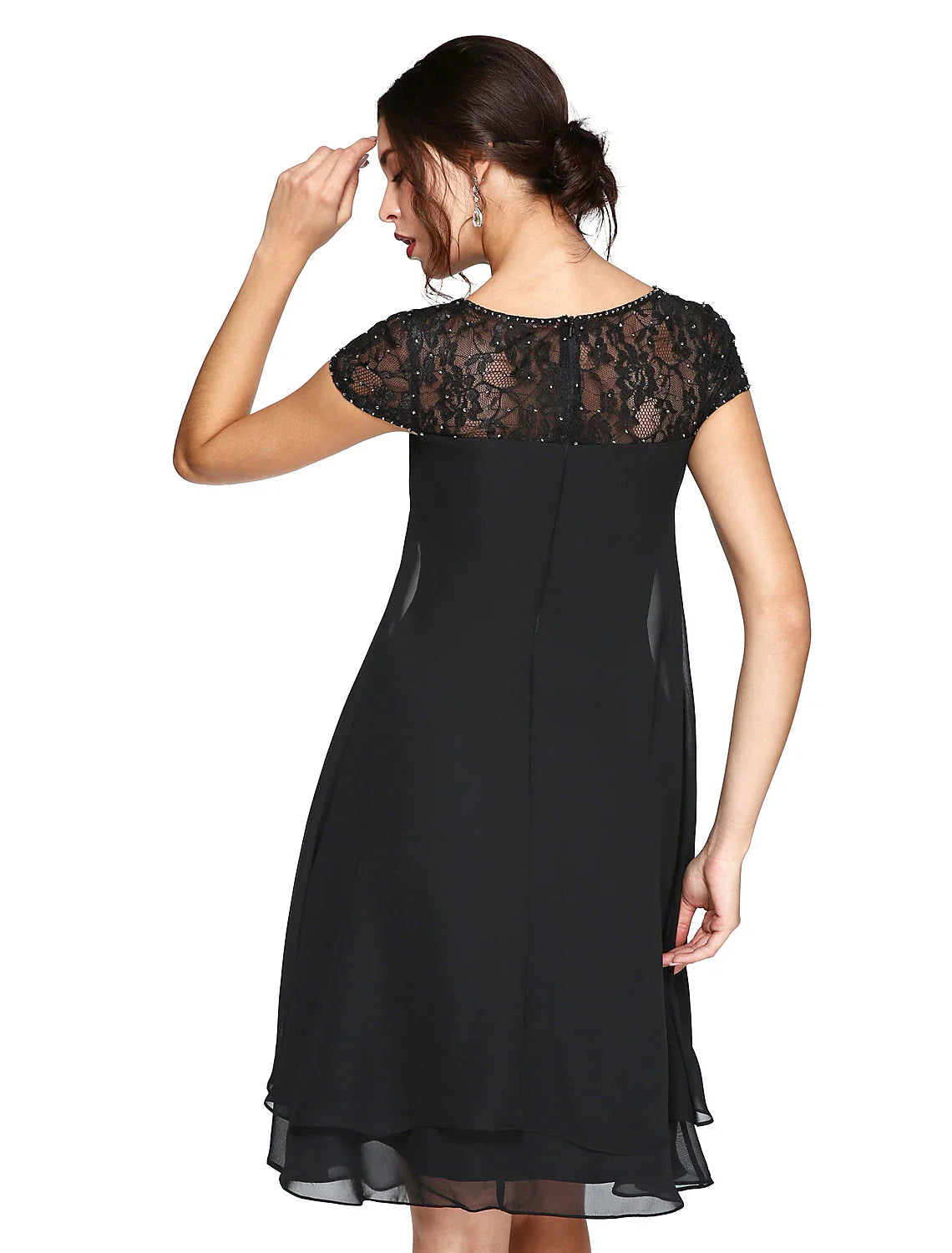 Aimishang A-Line Mother of the Bride Dress Plus Size Elegant Illusion Neck Knee Length Chiffon Lace Short Sleeve with Sequin