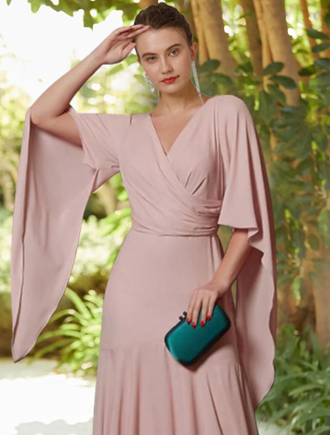 Aimishang A-Line Mother of the Bride Dress Formal Wedding Guest Elegant V Neck Floor Length Chiffon Long Sleeve with Pleats