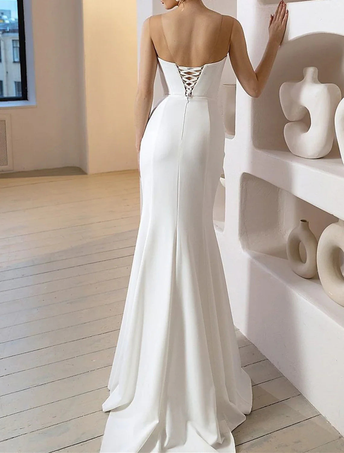 Aimishang Beach Glitter & Sparkle Wedding Dresses Mermaid / Trumpet Off Shoulder Cap Sleeve Court Train Satin Bridal Gowns With Solid Color