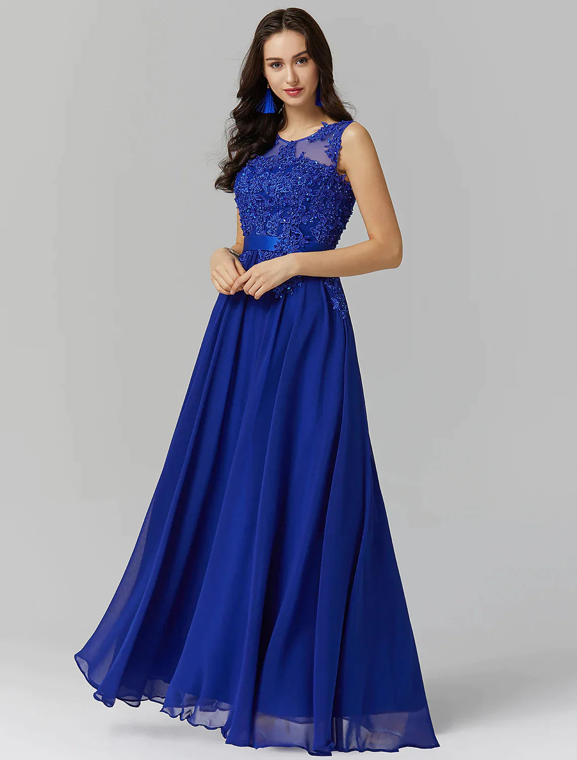 A-Line Evening Gown Wedding Floor Length Sleeveless Georgette with Appliques