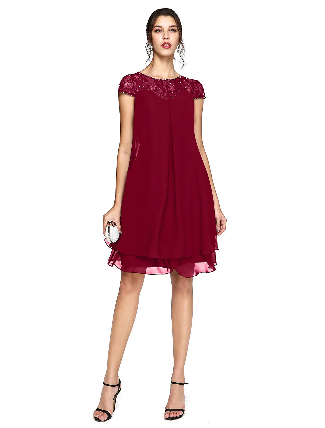 Aimishang A-Line Mother of the Bride Dress Plus Size Elegant Illusion Neck Knee Length Chiffon Lace Short Sleeve with Sequin
